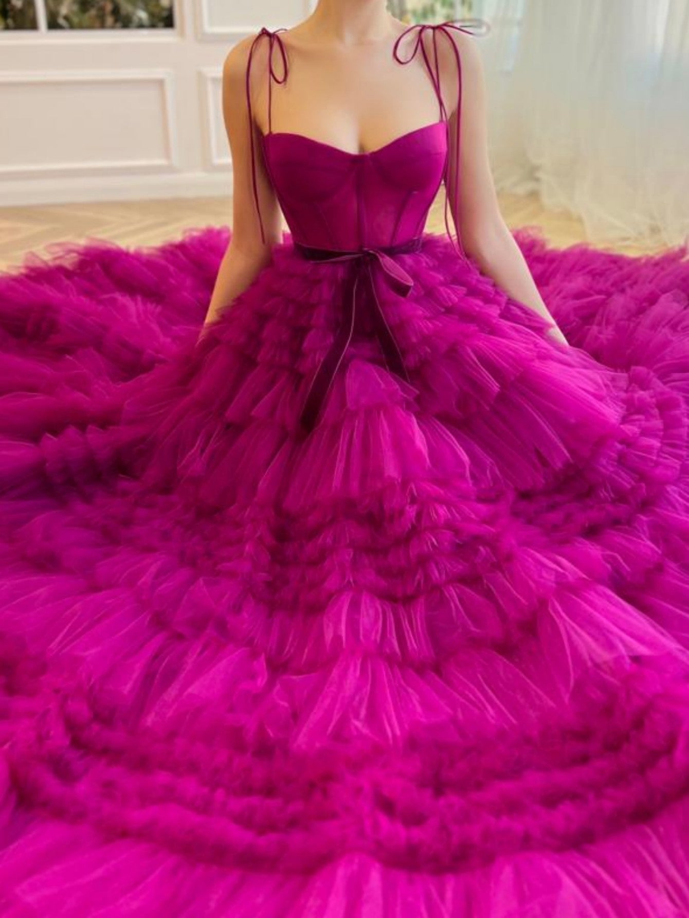 Roycebridal Blair |A Line Strapless Fuchsia Tiered Long Tulle Prom Dress