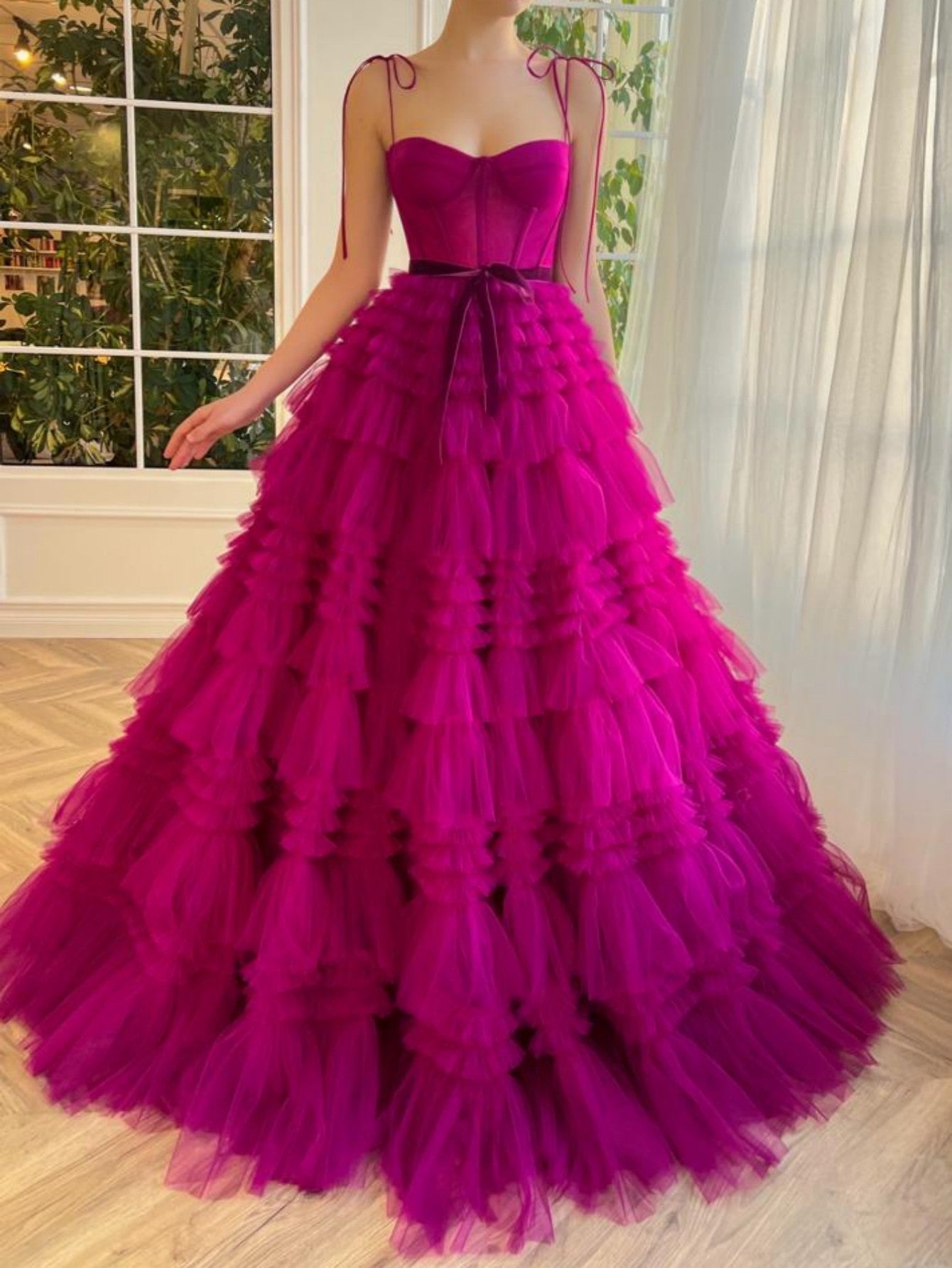 Roycebridal Blair |A Line Strapless Fuchsia Tiered Long Tulle Prom Dress