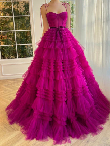 Roycebridal Blair |A Line Strapless Fuchsia Tiered Long Tulle Prom Dress