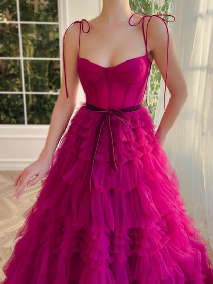 Roycebridal Blair |A Line Strapless Fuchsia Tiered Long Tulle Prom Dress