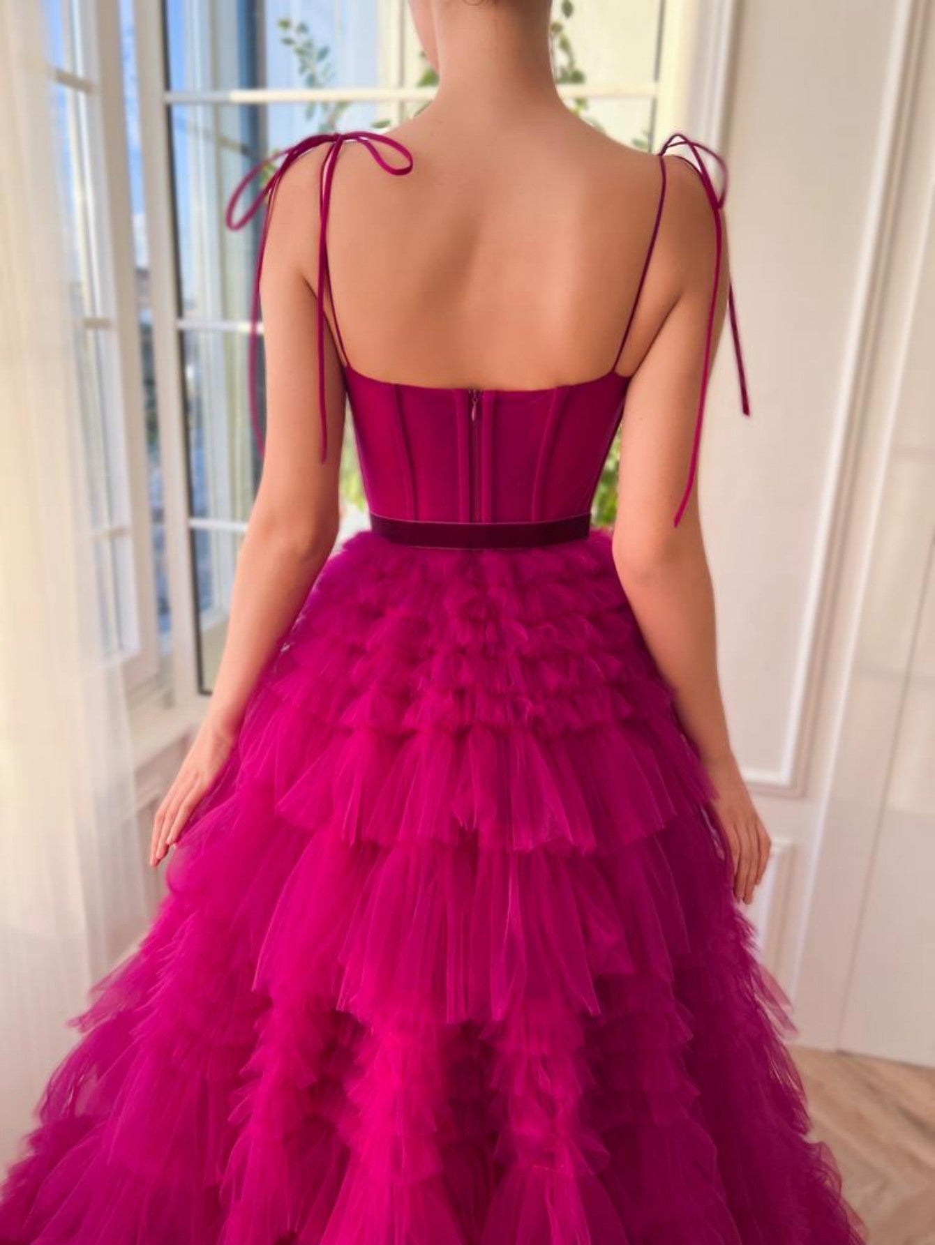 Roycebridal Blair |A Line Strapless Fuchsia Tiered Long Tulle Prom Dress