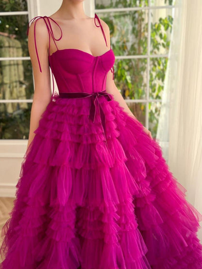 Roycebridal Blair |A Line Strapless Fuchsia Tiered Long Tulle Prom Dress