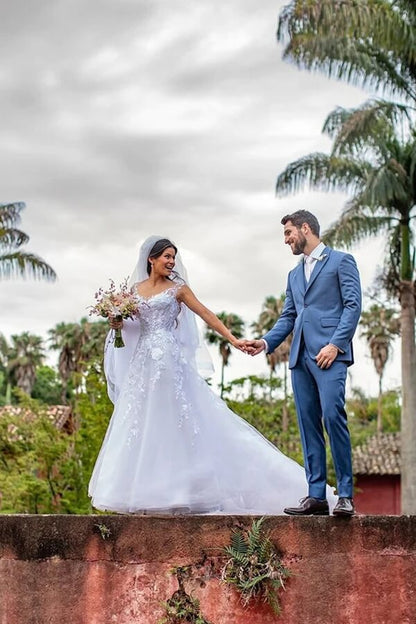 White A-line V-neck Wedding Dresses With Lace Appliques, Bridal Gown, MW826 | tulle wedding dresses | vintage wedding dresses | a line wedding dress | musebridals.com