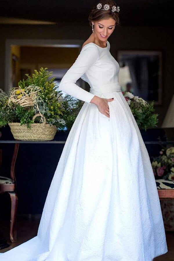 White Ball Gown Long Sleeves Backless Wedding Dresses With Pocket, MW968 | simple wedding dress | long sleeve wedding dress | backless wedding dress | musebridals.com