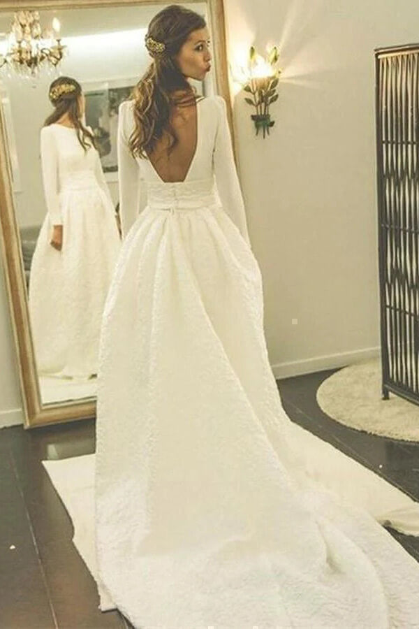 White Ball Gown Long Sleeves Backless Wedding Dresses With Pocket, MW968 | ball gown wedding dress | wedding dresses near me | wedding gown | musebridals.com