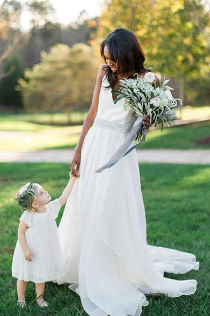 White Chiffon A-line V-neck Beaded Wedding Dresses, Wedding Gowns, MW702 | simple wedding dresses | beaded wedding dresses | wedding gown | www.musebridals.com