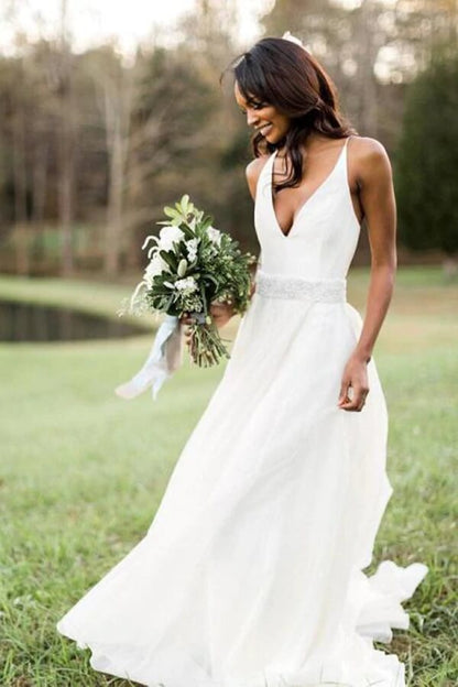 White Chiffon A-line V-neck Beaded Wedding Dresses, Wedding Gowns, MW702 | chiffon wedding dresses | a line wedding dresses | bridal outfit | www.musebridals.com