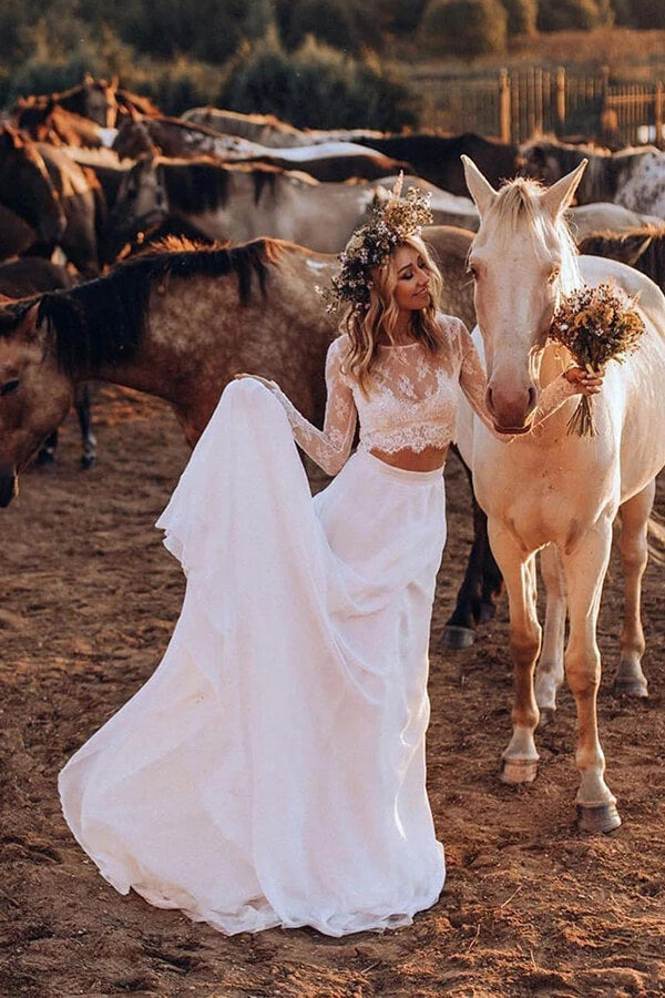 White Chiffon Boho Two Pieces Long Sleeves Lace Wedding Dresses, MW564 | beach wedding dresses | outdoor wedding dresses | lace wedding dresses | two pieces wedding dress | www.musebridals.com