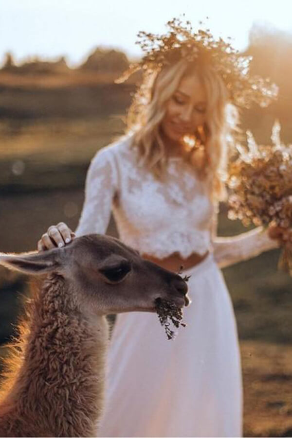 White Chiffon Boho Two Pieces Long Sleeves Lace Wedding Dresses, MW564 | chiffon wedding dresses | cheap lace wedding dresses | wedding dress online | wedding gowns | www.musebridals.com