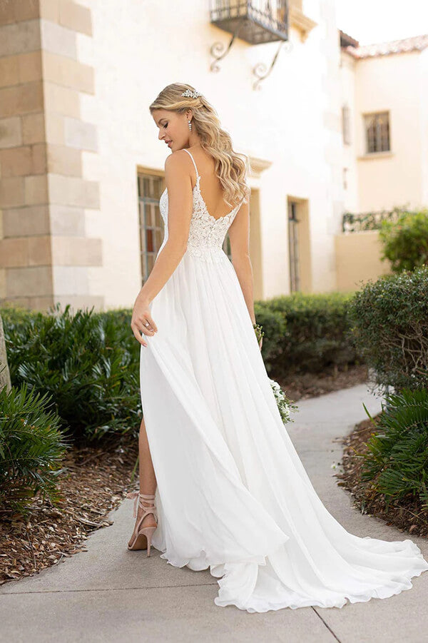 White Chiffon Lace A-line Spaghetti Straps Flowy Beach Wedding Dresses, MW756 | lace wedding dresses | wedding dresses online | beach wedding gown | musebridals.com​