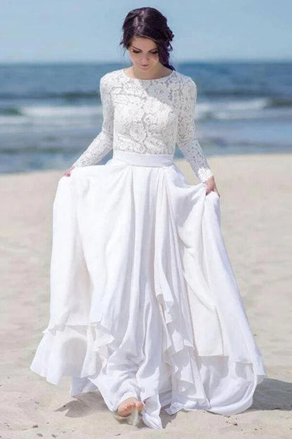 White Chiffon Lace Long Sleeves Floor Length Beach Wedding Dresses, MW836 | cheap lace wedding dresses | floor length wedding dress | wedding gown | musebridals.com