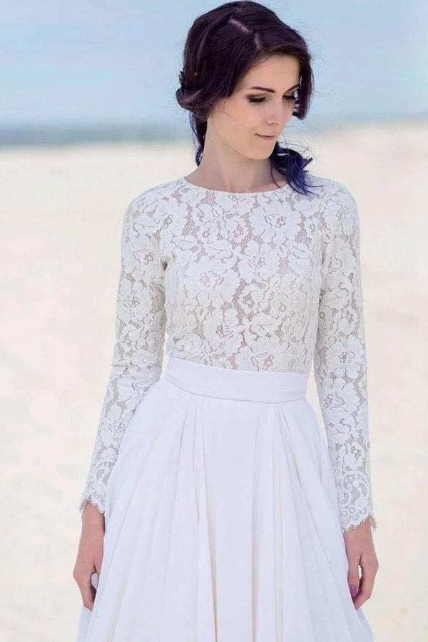 White Chiffon Lace Long Sleeves Floor Length Beach Wedding Dresses, MW836 | lace wedding gown | vintage wedding dress | wedding dresses online | musebridals.com