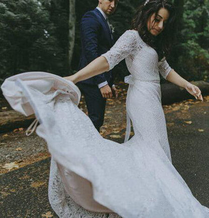 White Lace Mermaid Half Sleeves V-neck Wedding Dresses, Bridal Gown, MW581 | white lace wedding dress | cheap wedding dresses | bridal outfit | www.musebridals.com