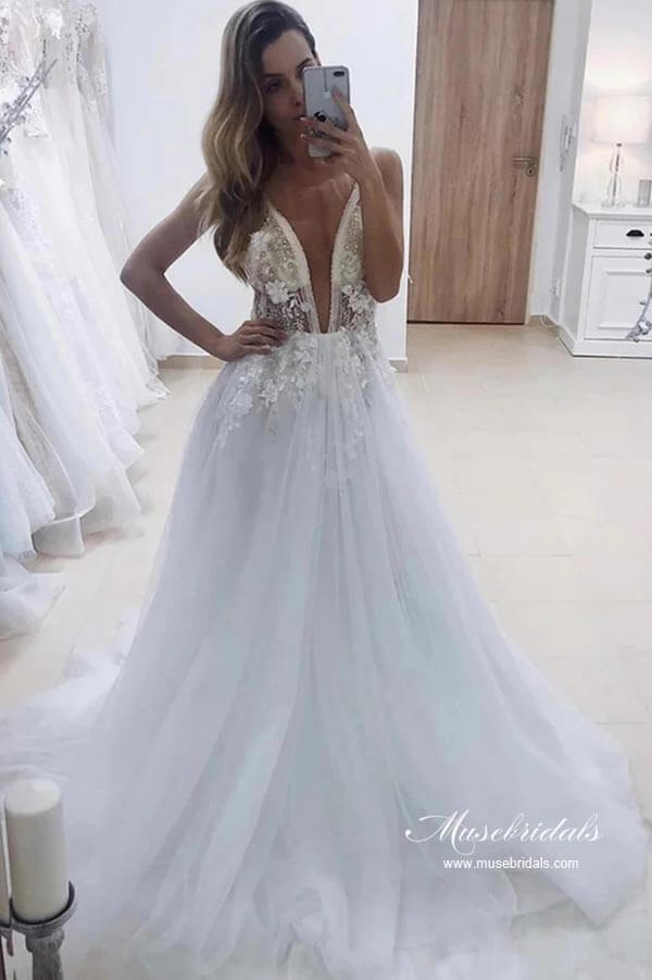 White Tulle A-line Deep V-neck Wedding Dresses With Lace Appliques, MW946 | lace wedding dresses | wedding dresses near me | beach wedding dress | musebridals.com