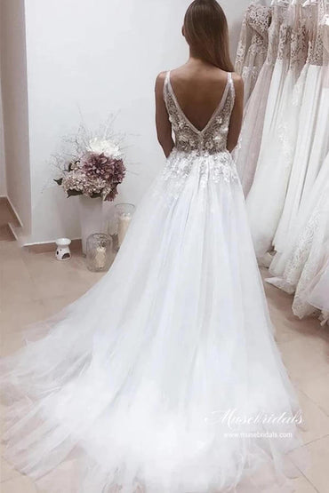 White Tulle A-line Deep V-neck Wedding Dresses With Lace Appliques, MW946 | a line wedding dresses | tulle wedding dresses | affordable lace wedding dress | musebridals.com