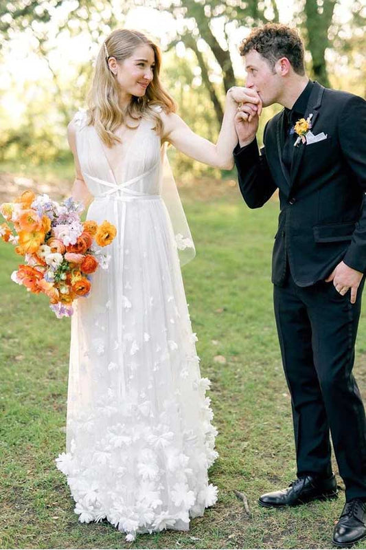 White Tulle A-line V-neck Flowers Beach Wedding Dresses, Bridal Gowns, MW730 | a line wedding dress | vintage wedding dresses | summer wedding dresses | www.musebridals.com