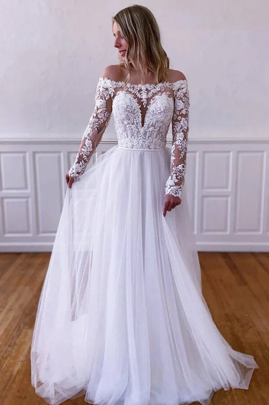 White Tulle Lace A-line Long Sleeves Wedding Dresses, Wedding Gowns, MW816 | cheap lace wedding dress | long sleeves wedding dress | a line wedding dress | musebridals.com