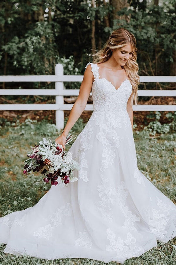 White Tulle Lace Appliqued A-line V-neck Wedding Dresses, Bridal Gown, MW675 | white lace wedding dresses | beach wedding dress | wedding gown | www.musebridals.com