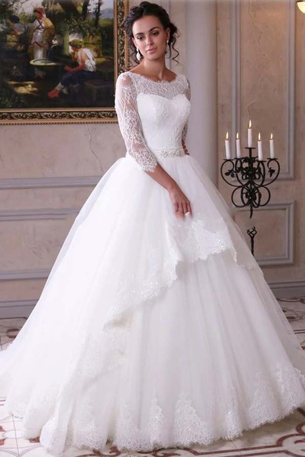 White Tulle Lace Ball Gown 3/4 Sleeves Scoop Neck Wedding Dresses, MW693 | ball gown wedding dress | white wedding dress | lace wedding dresses | www.musebridals.com