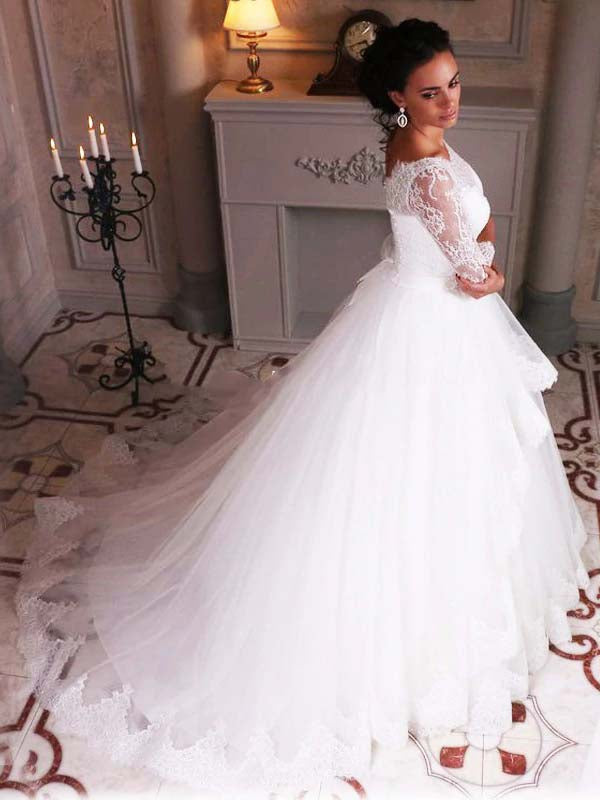 White Tulle Lace Ball Gown 3/4 Sleeves Scoop Neck Wedding Dresses, MW693 | long sleeves wedding dresses | vintage wedding dresses | bridal outfit | www.musebridals.com