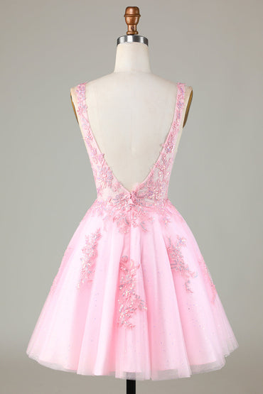 Cute Pink Glitter Sequin Short Backless Homecoming Dress with Appliques