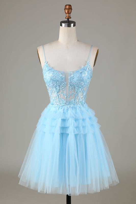 Cute A Line Spaghetti Straps Glitter Blue Short Homecoming Dress with Appliques