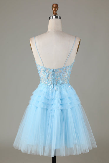 Cute A Line Spaghetti Straps Glitter Blue Short Homecoming Dress with Appliques