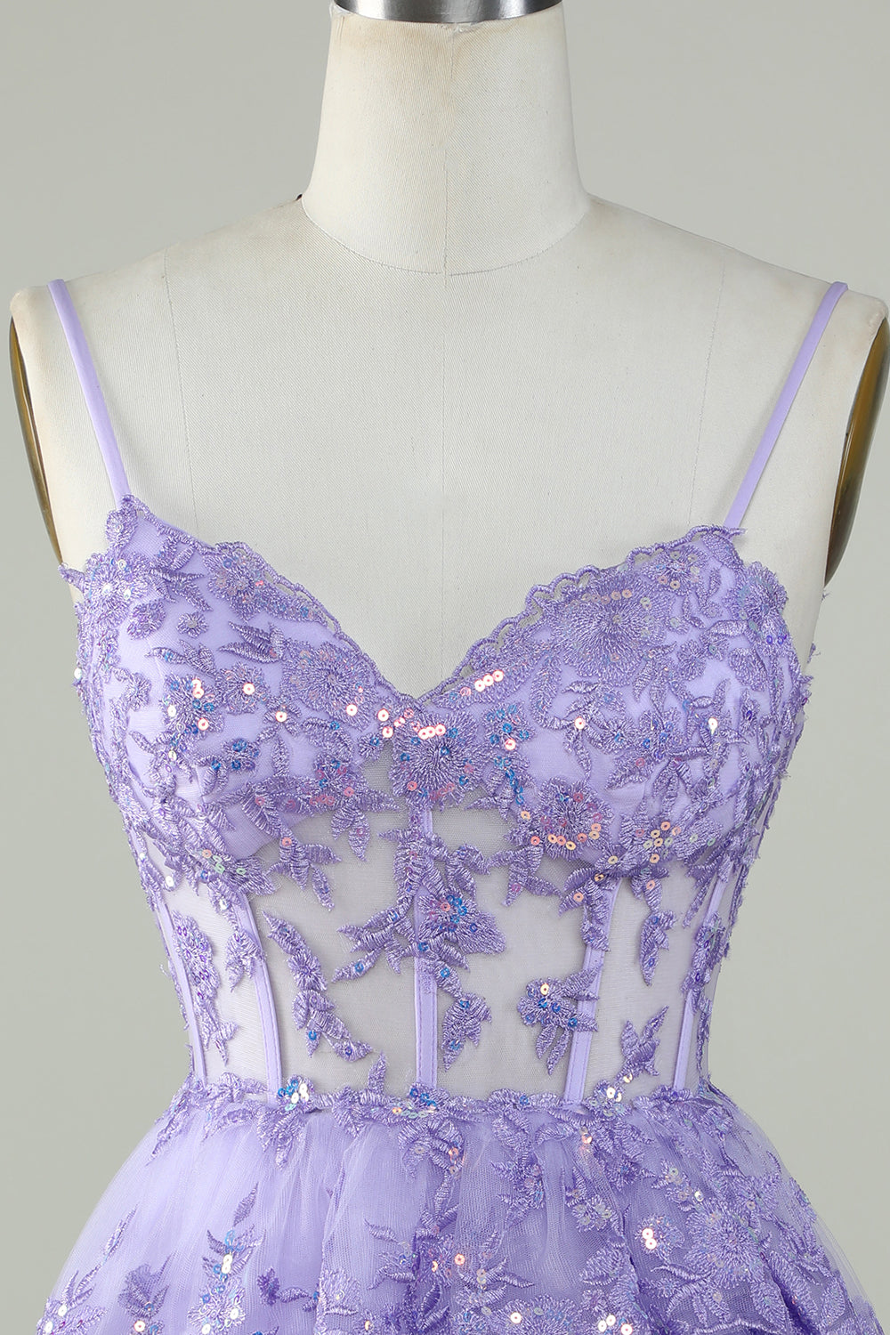 Sparkly Purple A Line Spaghetti Straps Tiered Corset Short Homecoming Dress