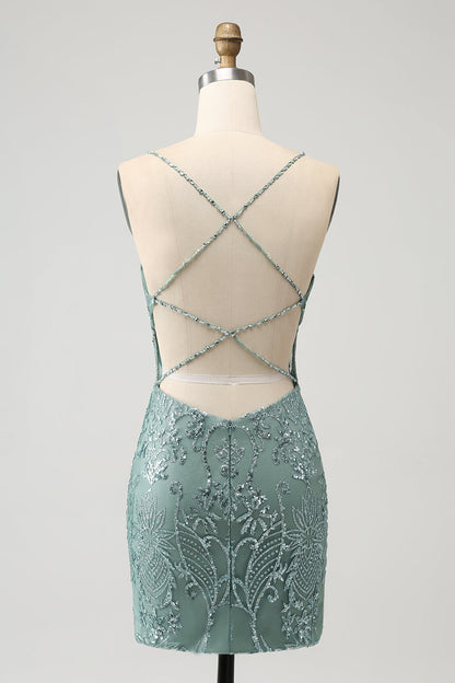 Green Bodycon Beaded Backless Short Homecoming Dress with Criss Cross Back