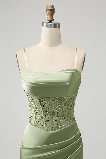 Sparkly Sage Bodycon Sequin Corset Short Homecoming Dress with Slit