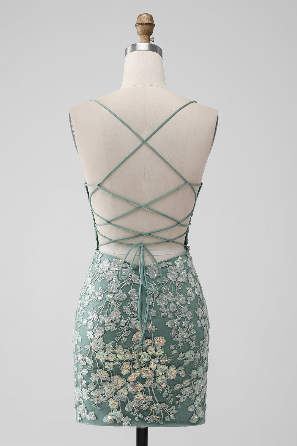 Grey Green Bodycon Lace-up Back Short Homecoming Dress with Sequin Appliqued