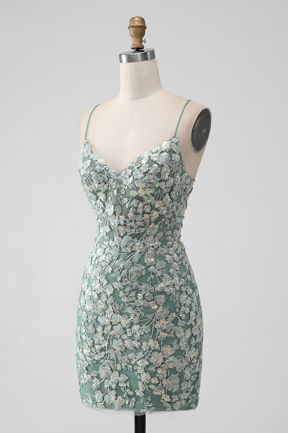 Grey Green Bodycon Lace-up Back Short Homecoming Dress with Sequin Appliqued