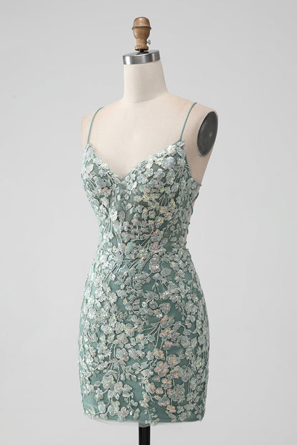 Grey Green Bodycon Lace-up Back Short Homecoming Dress with Sequin Appliqued