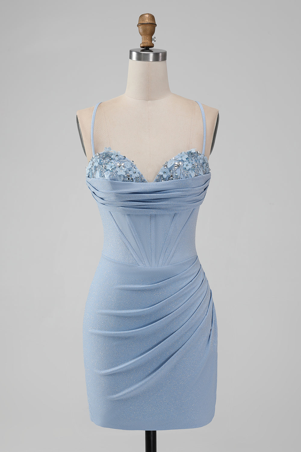 Light Blue Bodycon Spaghetti Straps Corset Short Homecoming Dress