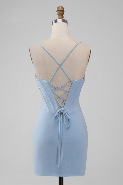 Light Blue Bodycon Spaghetti Straps Corset Short Homecoming Dress