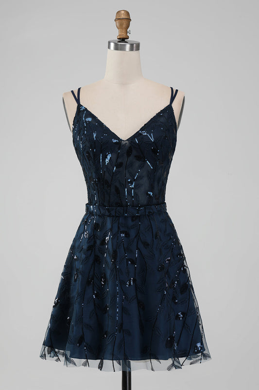 Sparkly Navy A Line Spaghetti Straps Sequins Short Homecoming Dress