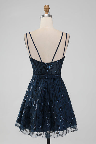 Sparkly Navy A Line Spaghetti Straps Sequins Short Homecoming Dress