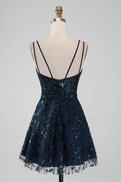 Sparkly Navy A Line Spaghetti Straps Sequins Short Homecoming Dress