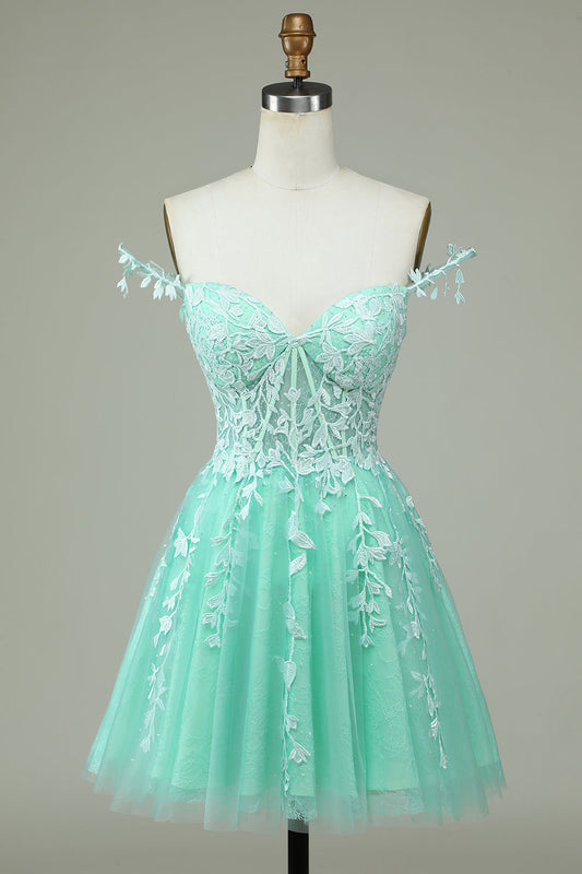 Stylish A Line Spaghetti Straps Mint Short Homecoming Dress with Appliques