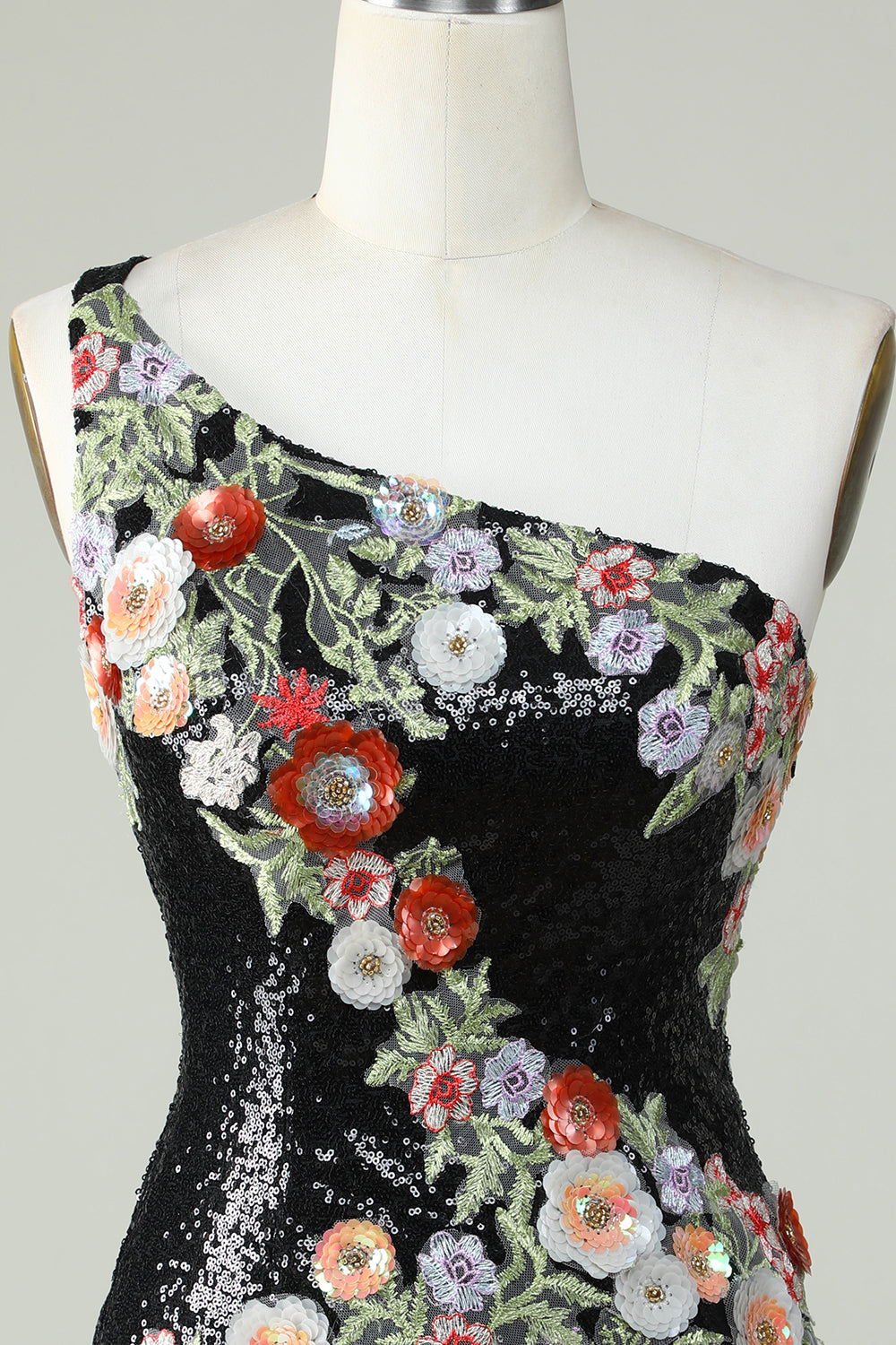 Bodycon One Shoulder Black Sequin Beading Homecoming Dress with 3d Flowers