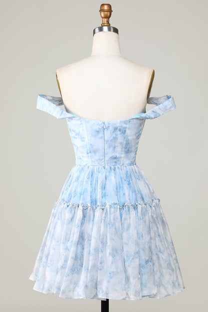 Cute Sage A Line Off The Shoulder Corset Pleated Unique Print Homecoming Dress