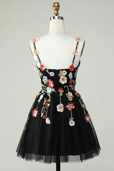 Black A Line Spaghetti Straps Sequin Homecoming Dress with Flowers