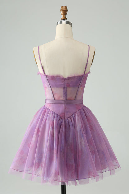 Cute Purple A Line Spaghetti Straps Print Corset Short Homecoming Dress