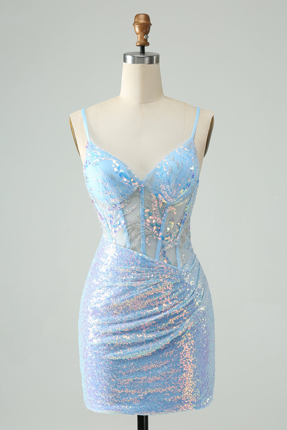 Glitter Light Blue Tight Spaghetti Straps Corset Short Homecoming Dress with Sequins