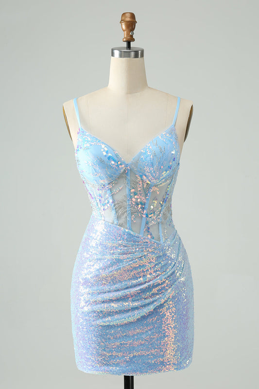 Glitter Light Blue Tight Spaghetti Straps Corset Short Homecoming Dress with Sequins