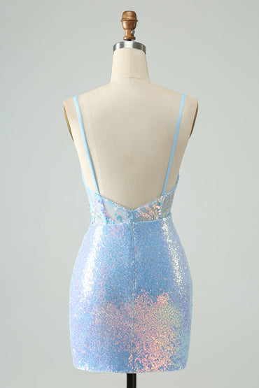 Glitter Light Blue Tight Spaghetti Straps Corset Short Homecoming Dress with Sequins