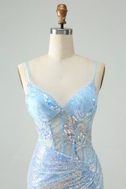 Glitter Light Blue Tight Spaghetti Straps Corset Short Homecoming Dress with Sequins