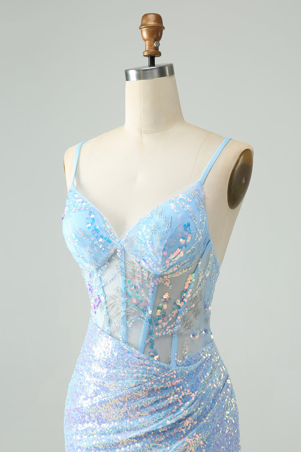 Glitter Light Blue Tight Spaghetti Straps Corset Short Homecoming Dress with Sequins