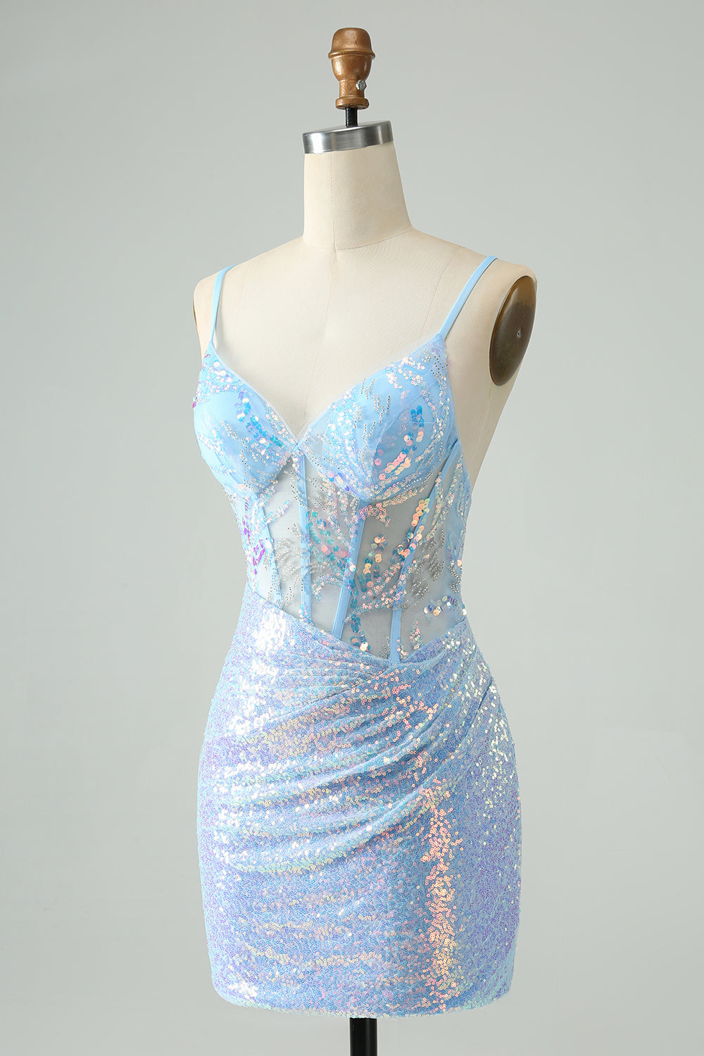 Glitter Light Blue Tight Spaghetti Straps Corset Short Homecoming Dress with Sequins