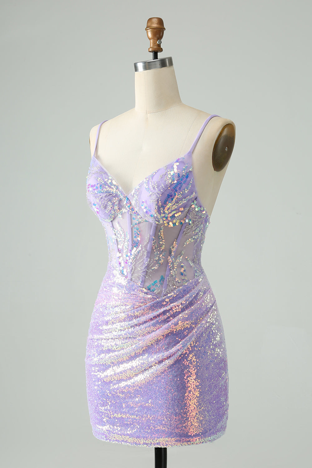 Glitter Light Blue Tight Spaghetti Straps Corset Short Homecoming Dress with Sequins